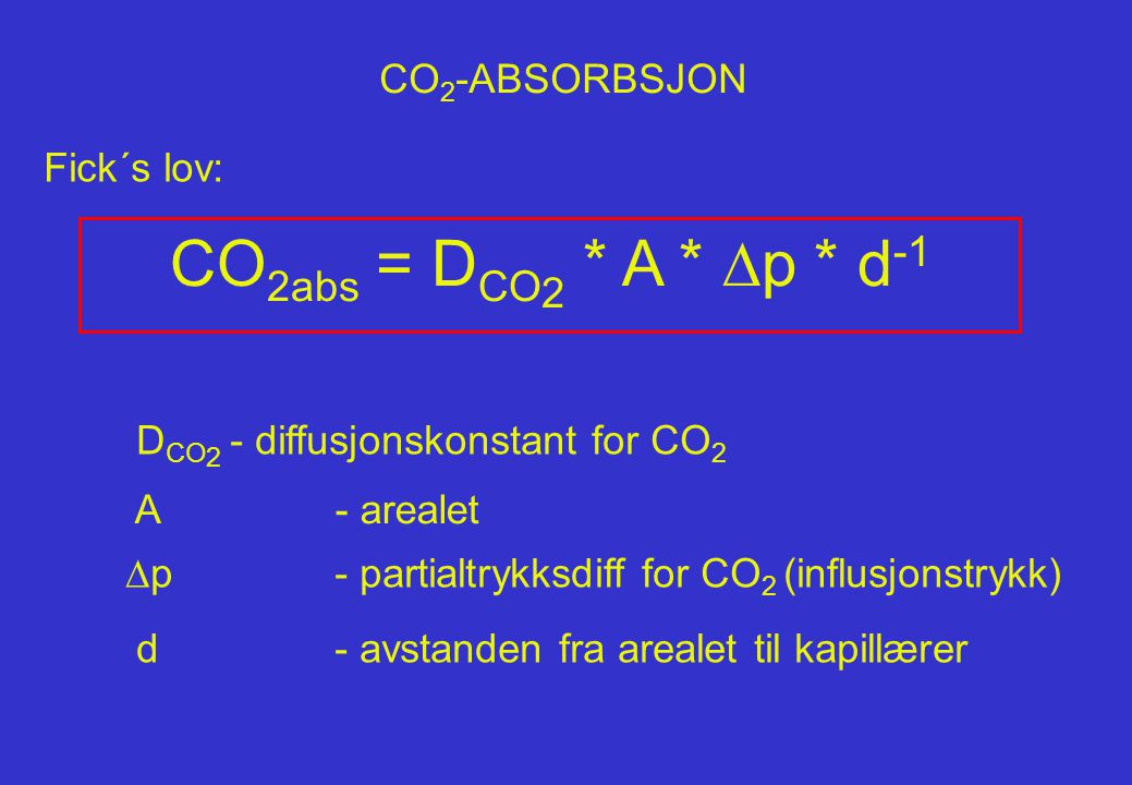 CO2abs = DCO2 * A * Dp * d-1 CO2-ABSORBSJON Fick´s lov: