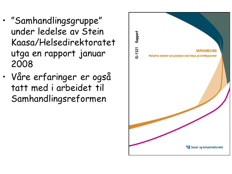 Samhandlingsgruppe under ledelse av Stein Kaasa/Helsedirektoratet utga en rapport januar 2008