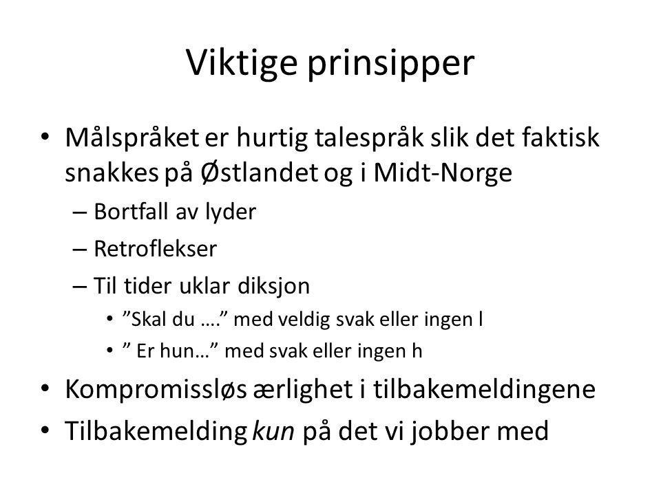 Viktige prinsipper Målspråket er hurtig talespråk slik det faktisk snakkes på Østlandet og i Midt-Norge.