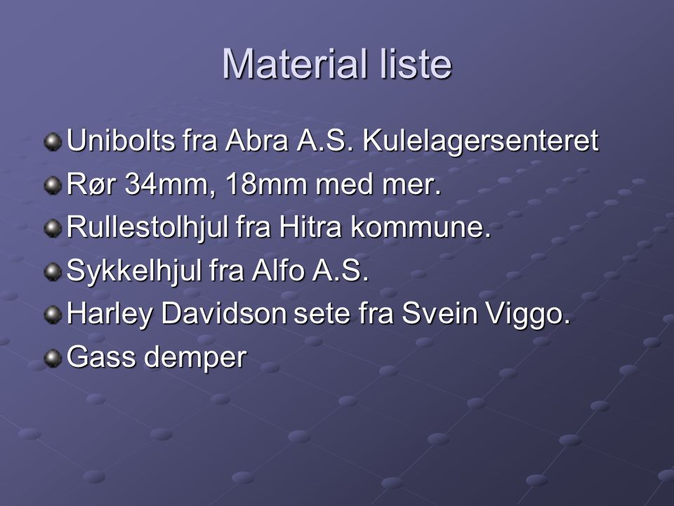Material liste Unibolts fra Abra A.S. Kulelagersenteret