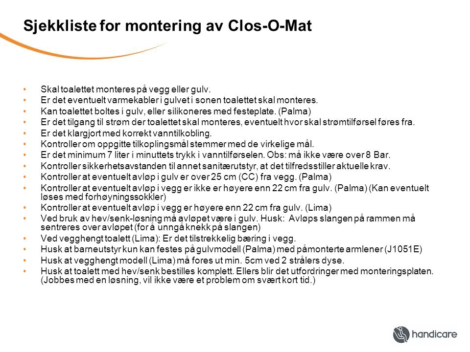 Sjekkliste for montering av Clos-O-Mat