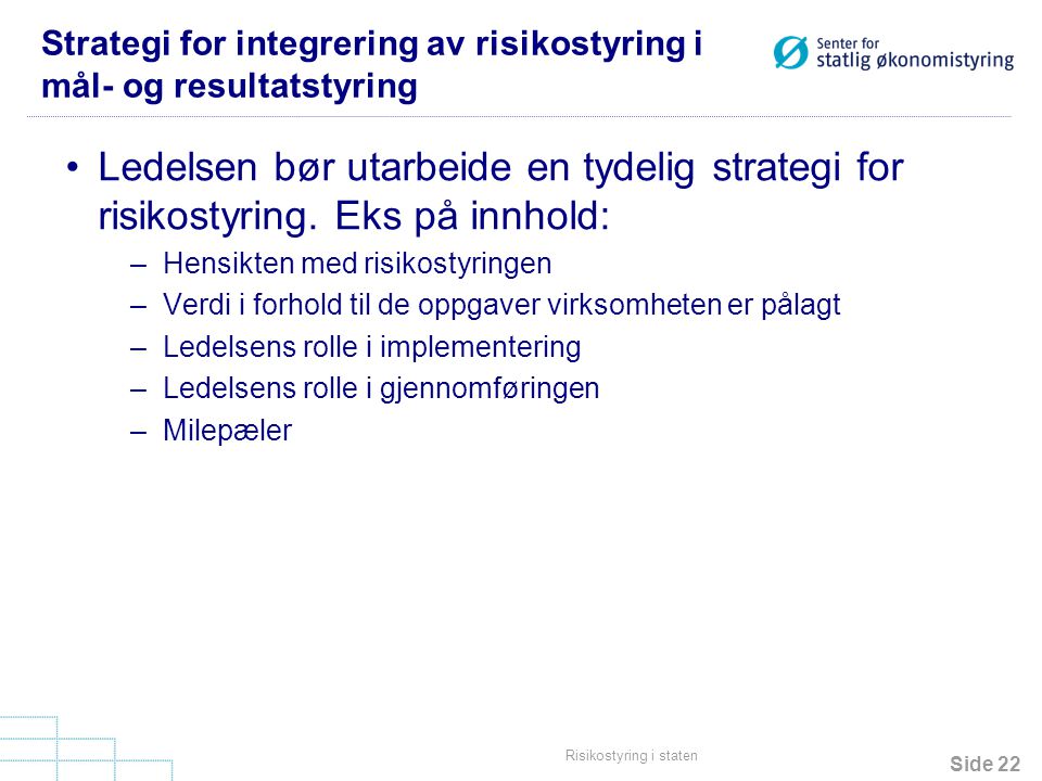 Strategi for integrering av risikostyring i mål- og resultatstyring