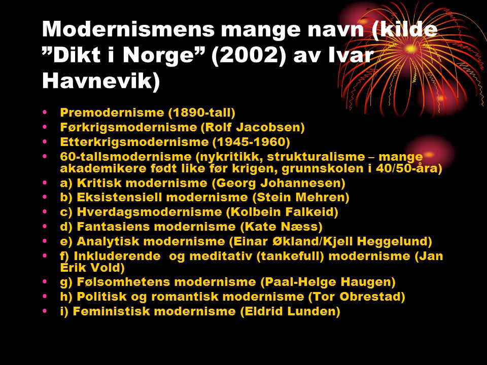Modernismens mange navn (kilde Dikt i Norge (2002) av Ivar Havnevik)