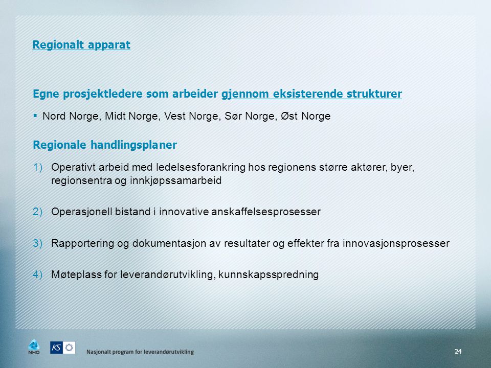 Regionalt apparat Egne prosjektledere som arbeider gjennom eksisterende strukturer. Nord Norge, Midt Norge, Vest Norge, Sør Norge, Øst Norge.