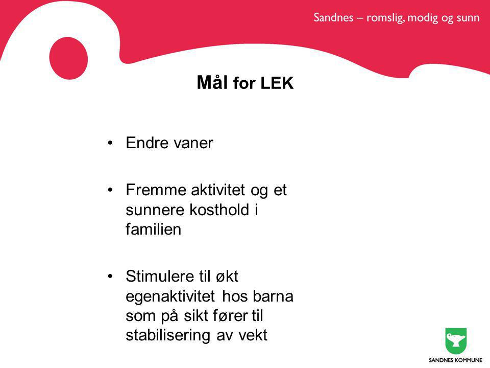 Mål for LEK Endre vaner. Fremme aktivitet og et sunnere kosthold i familien.