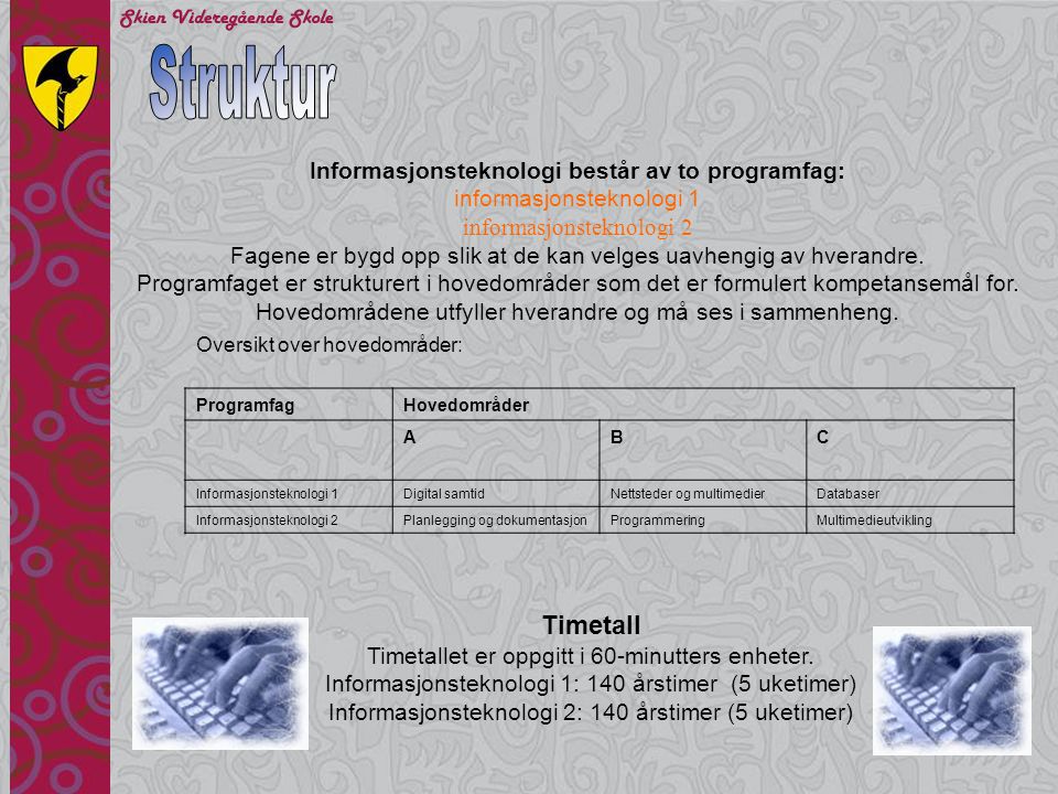 Struktur Timetall Informasjonsteknologi består av to programfag: