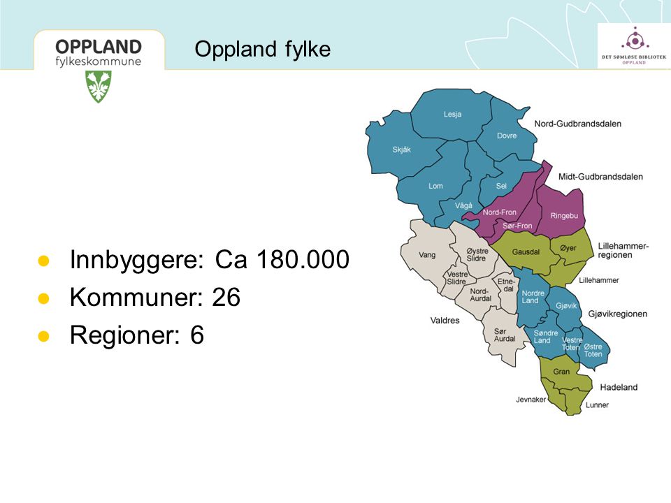 Innbyggere: Ca Kommuner: 26 Regioner: 6 Oppland fylke