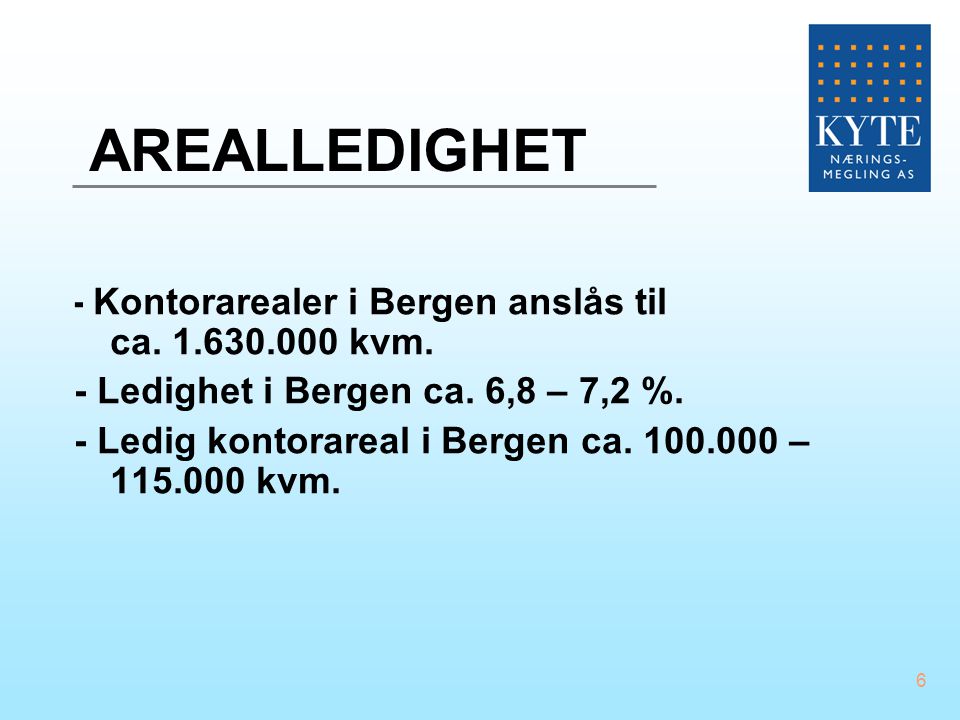 AREALLEDIGHET - Kontorarealer i Bergen anslås til ca kvm.