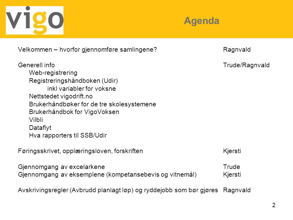 Agenda Velkommen – hvorfor gjennomføre samlingene Ragnvald
