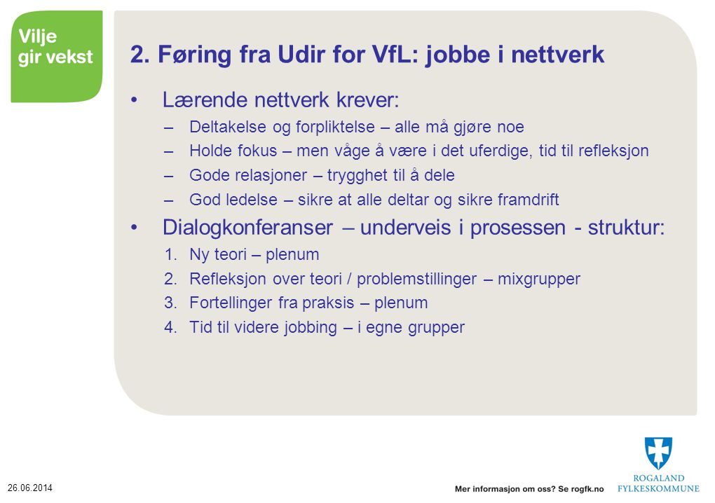 2. Føring fra Udir for VfL: jobbe i nettverk