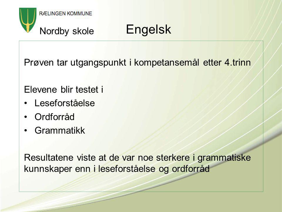 Engelsk Nordby skole. Prøven tar utgangspunkt i kompetansemål etter 4.trinn. Elevene blir testet i.