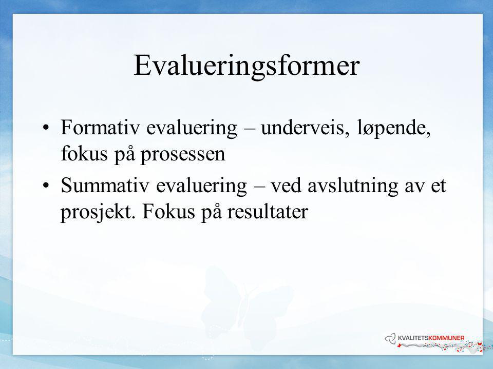 Evalueringsformer Formativ evaluering – underveis, løpende, fokus på prosessen.