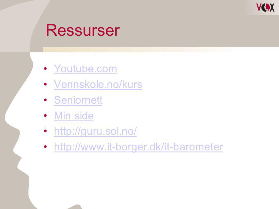 Ressurser Youtube.com Vennskole.no/kurs Seniornett Min side
