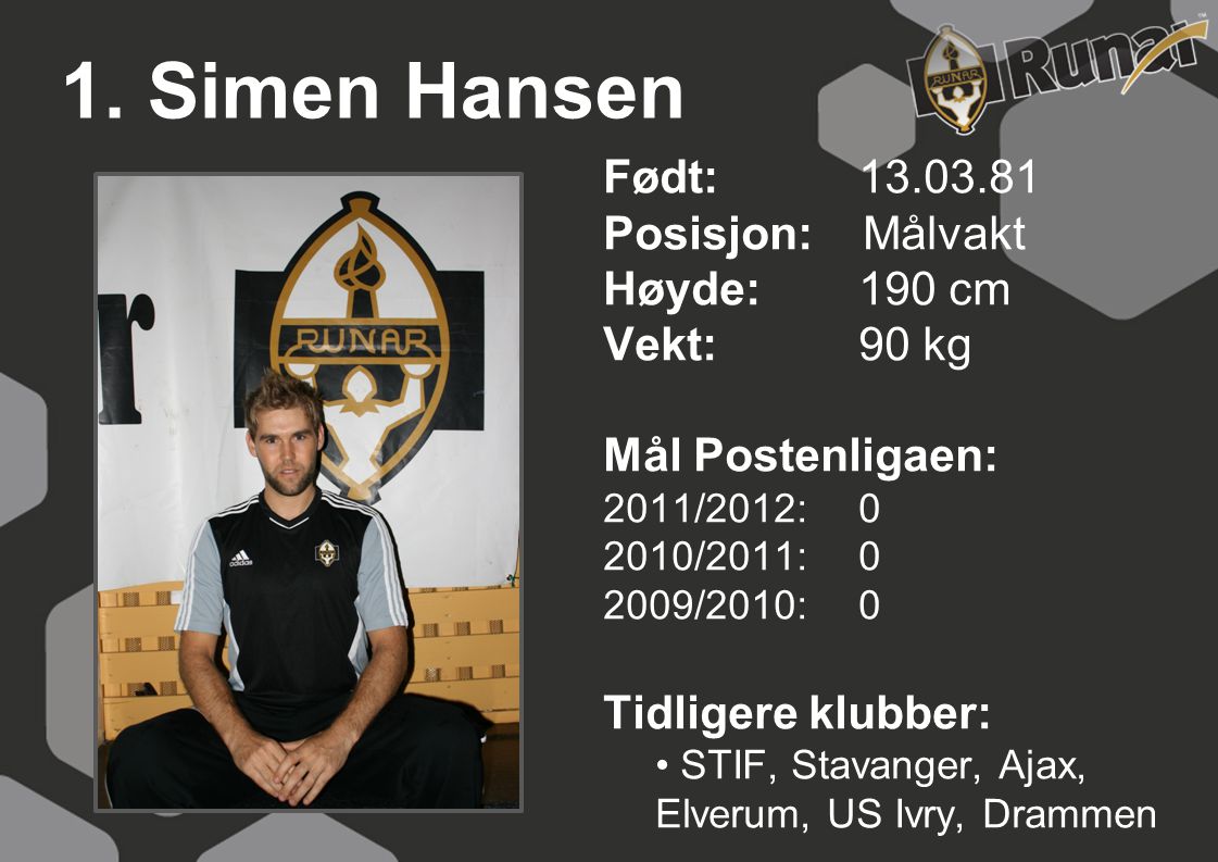 1. Simen Hansen Født: Posisjon: Målvakt Høyde: 190 cm