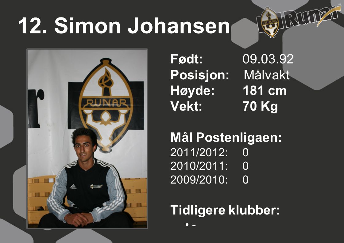 12. Simon Johansen Født: Posisjon: Målvakt Høyde: 181 cm