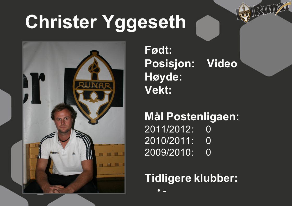 Christer Yggeseth Født: Posisjon: Video Høyde: Vekt: Mål Postenligaen: