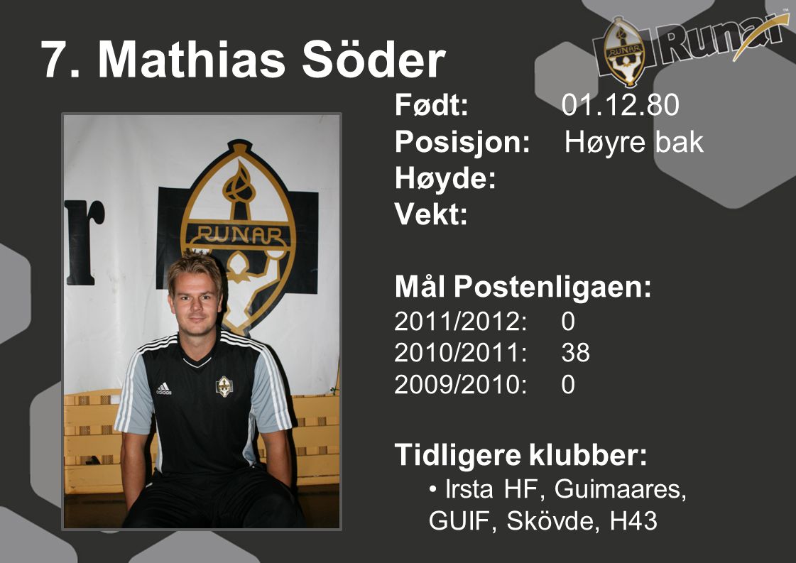 7. Mathias Söder Født: Posisjon: Høyre bak Høyde: Vekt: