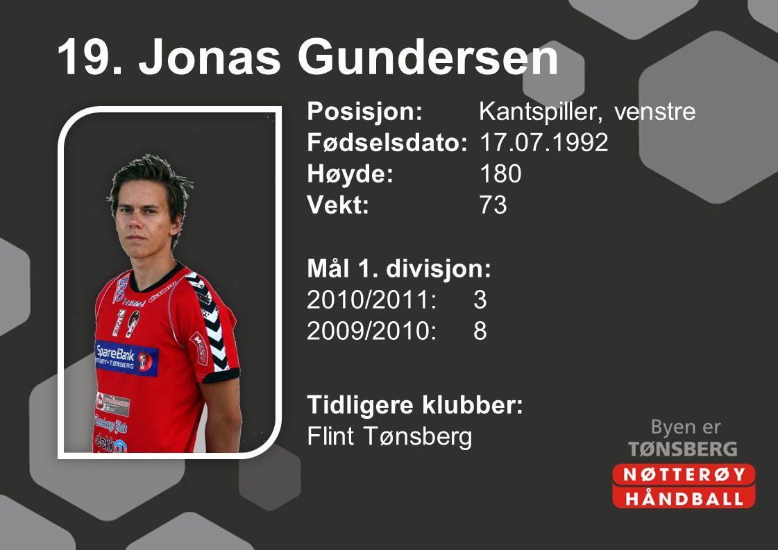 19. Jonas Gundersen Posisjon: Kantspiller, venstre Fødselsdato: Høyde: 180 Vekt: 73 Mål 1. divisjon: 2010/2011: /2010: 8