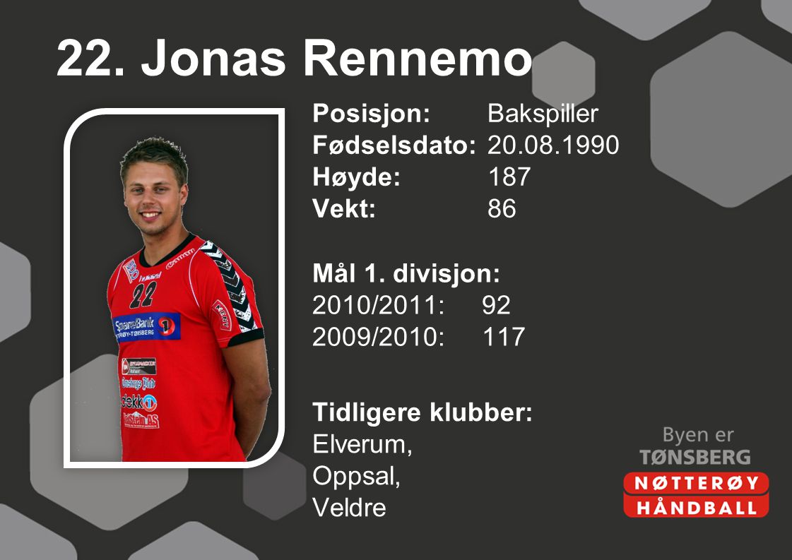 22. Jonas Rennemo Posisjon: Bakspiller Fødselsdato: Høyde: 187 Vekt: 86 Mål 1. divisjon: 2010/2011: /2010: 117