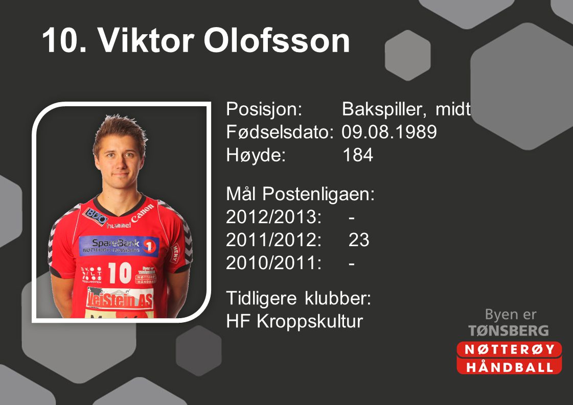 10. Viktor Olofsson Posisjon: Bakspiller, midt Fødselsdato: Høyde: 184 Mål Postenligaen: 2012/2013: /2012: /2011: -