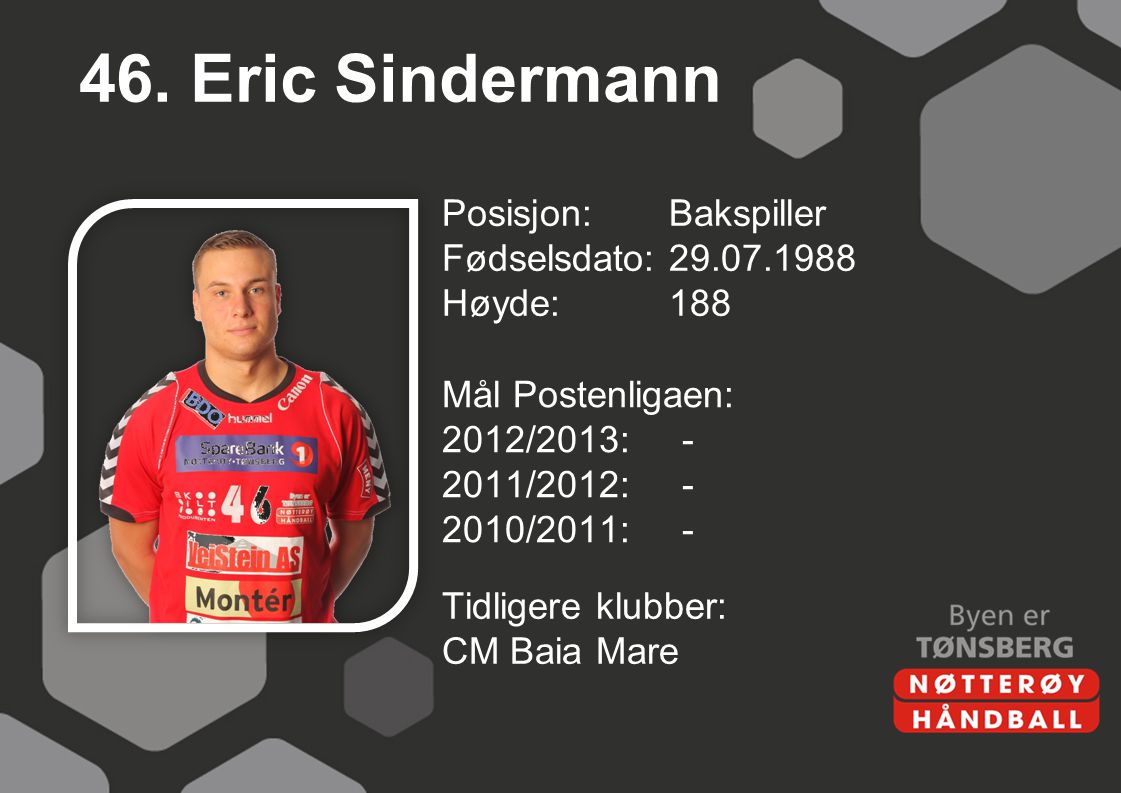 46. Eric Sindermann Posisjon: Bakspiller Fødselsdato: Høyde: 188 Mål Postenligaen: 2012/2013: /2012: /2011: -
