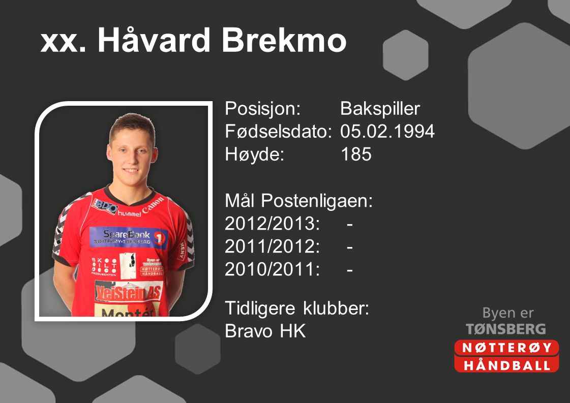 xx. Håvard Brekmo Posisjon: Bakspiller Fødselsdato: Høyde: 185 Mål Postenligaen: 2012/2013: /2012: /2011: -