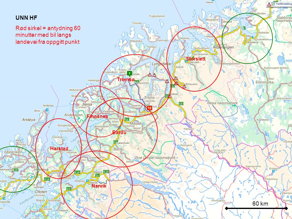 UNN HF Rød sirkel = antydning 60 minutter med bil langs landevei fra oppgitt punkt. Storslett. Tromsø.