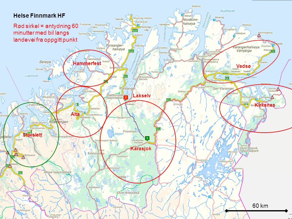 Helse Finnmark HF Rød sirkel = antydning 60 minutter med bil langs landevei fra oppgitt punkt. Hammerfest.