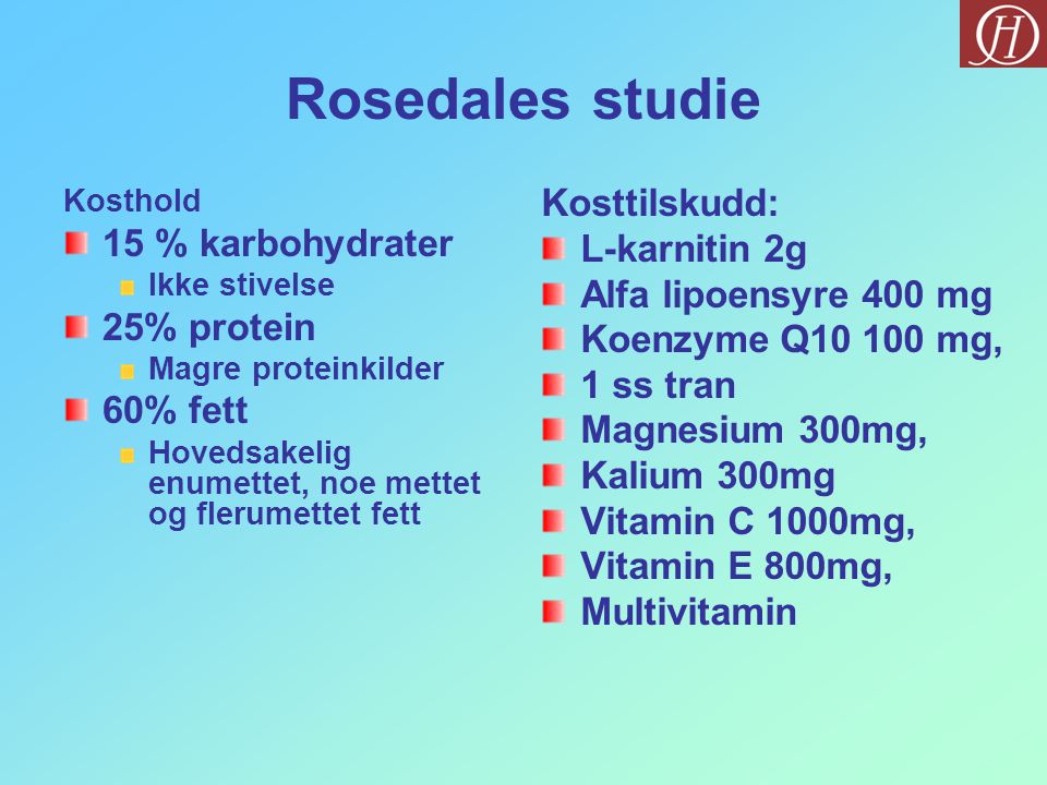 Rosedales studie Kosttilskudd: 15 % karbohydrater L-karnitin 2g