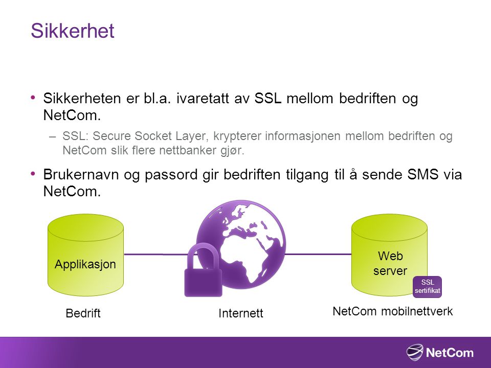 Sikkerhet Sikkerheten er bl.a. ivaretatt av SSL mellom bedriften og NetCom.