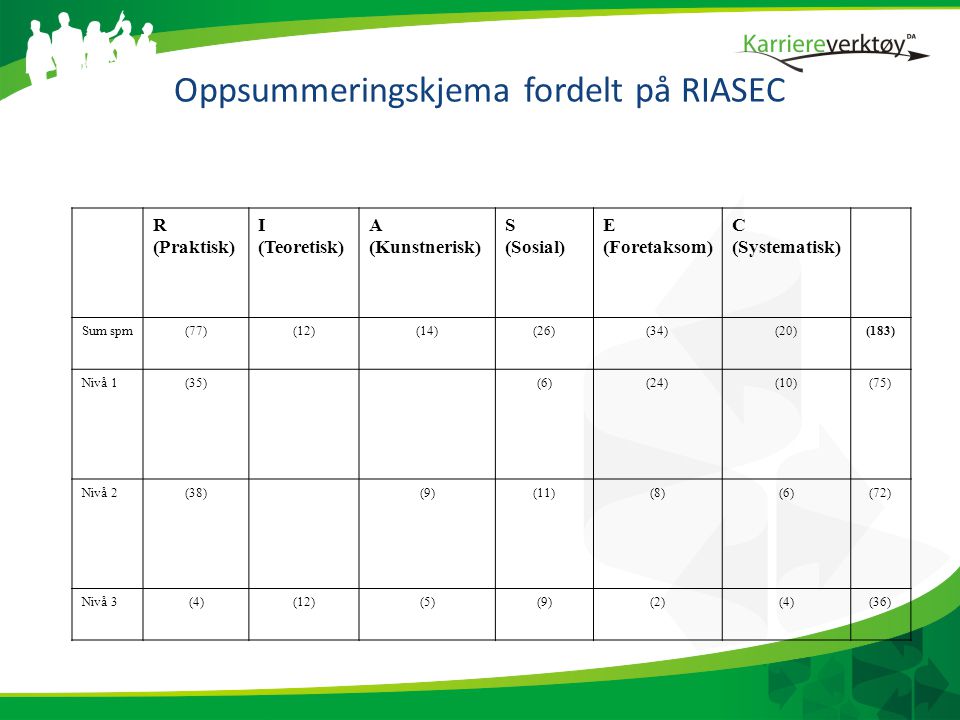 Oppsummeringskjema fordelt på RIASEC