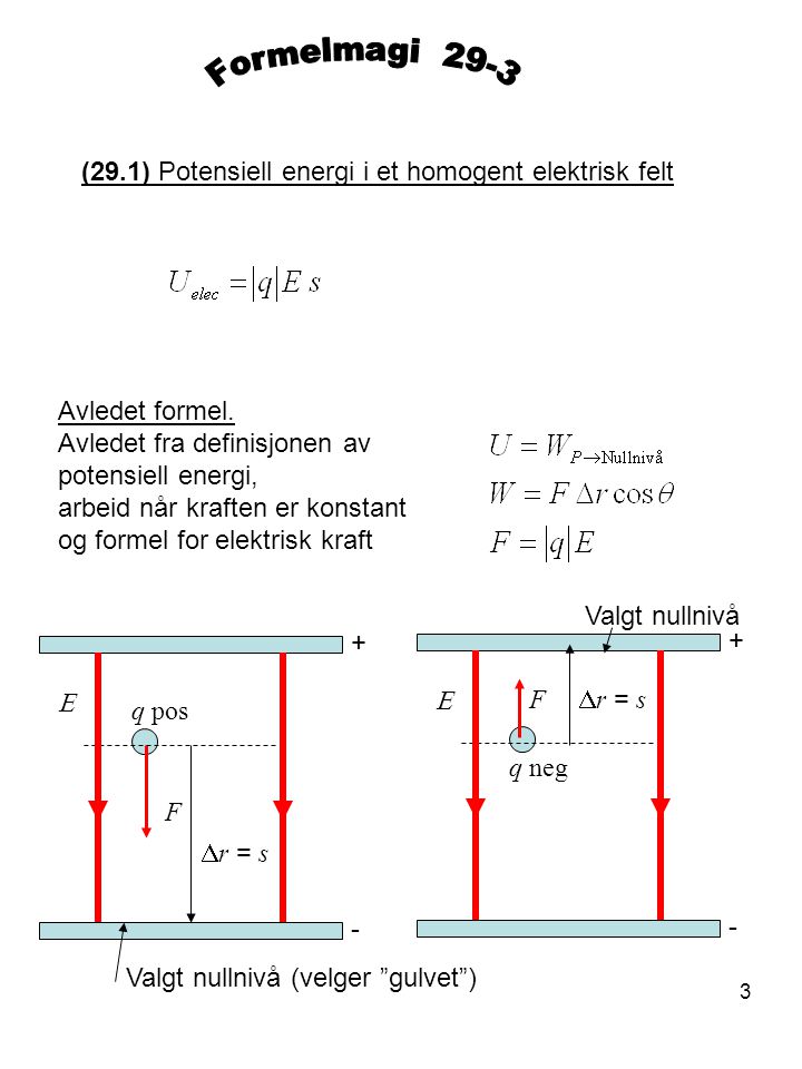 Formelmagi 29-3 (29.1) Potensiell energi i et homogent elektrisk felt