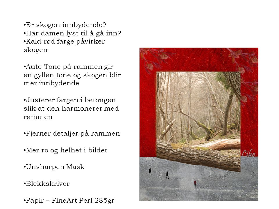 Er skogen innbydende Har damen lyst til å gå inn Kald rød farge påvirker skogen.