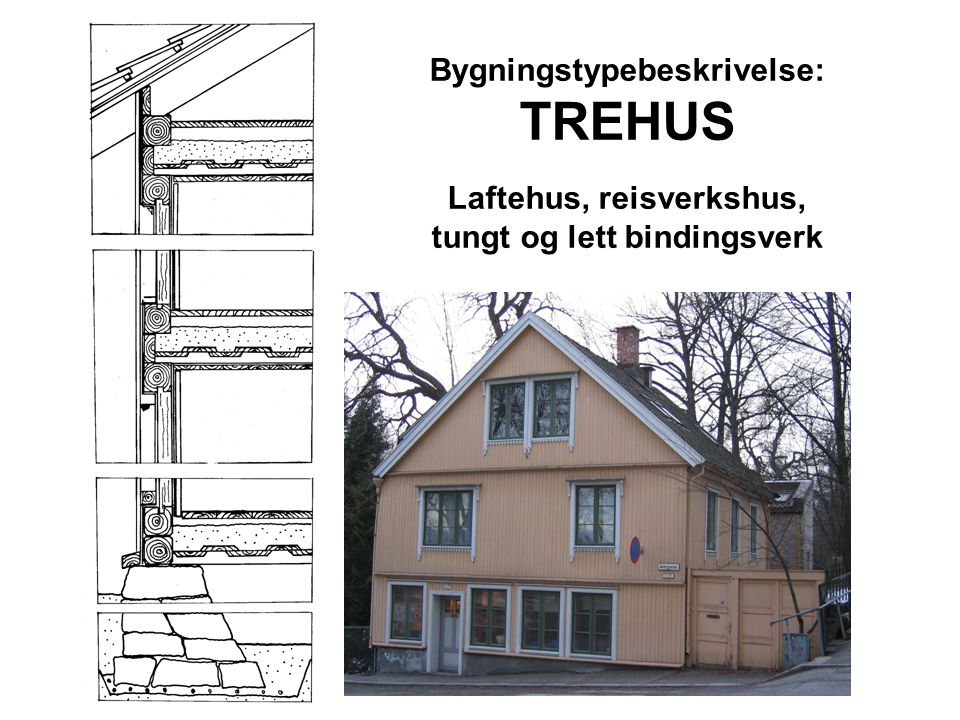Bygningstypebeskrivelse: TREHUS Laftehus, reisverkshus, tungt og lett bindingsverk