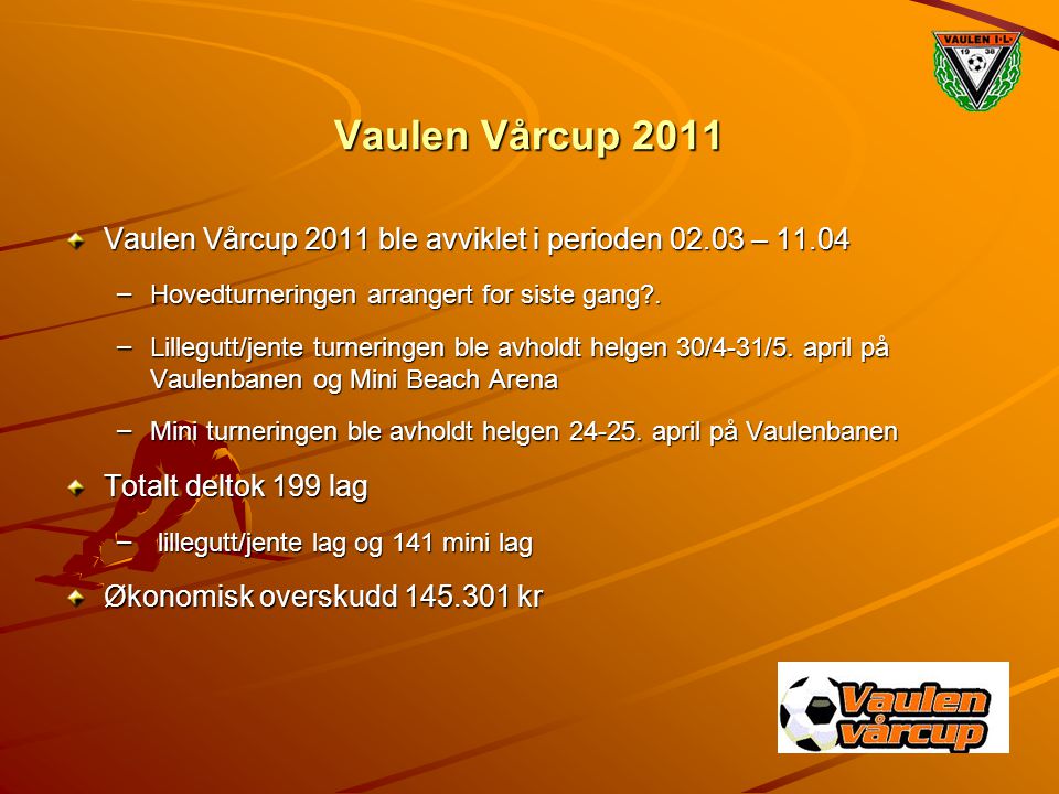Vaulen Vårcup 2011 Vaulen Vårcup 2011 ble avviklet i perioden – Hovedturneringen arrangert for siste gang .
