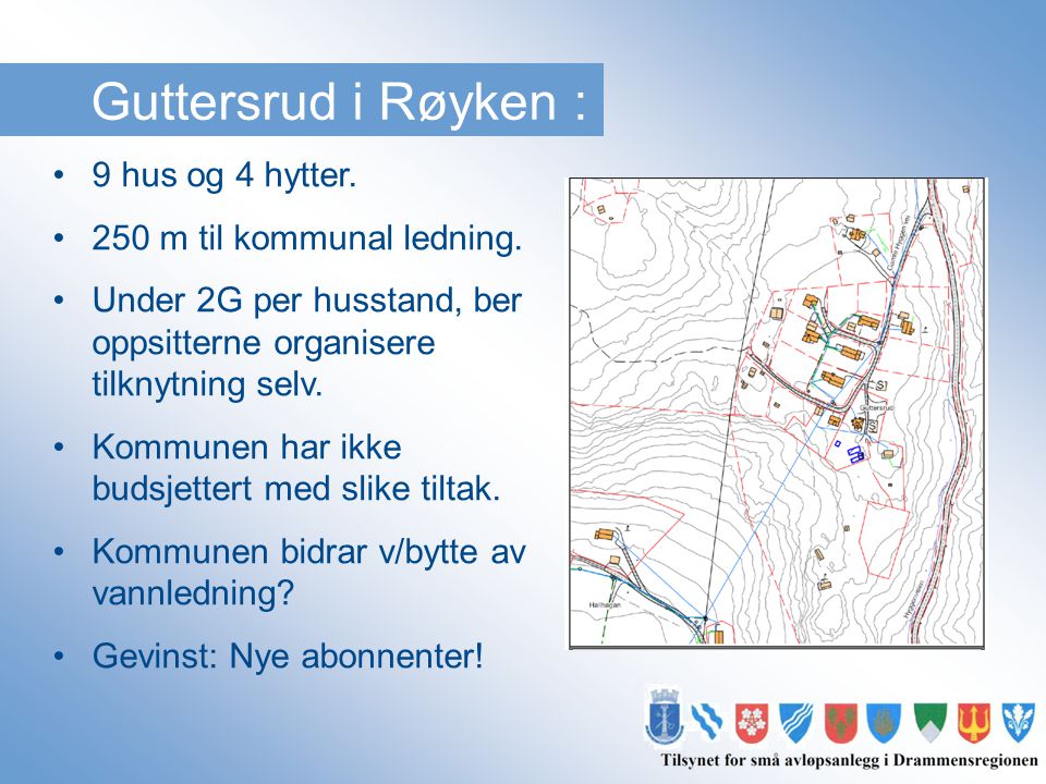 Guttersrud i Røyken : 9 hus og 4 hytter. 250 m til kommunal ledning.