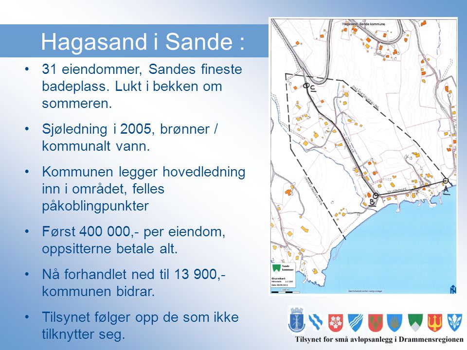 Hagasand i Sande : 31 eiendommer, Sandes fineste badeplass. Lukt i bekken om sommeren. Sjøledning i 2005, brønner / kommunalt vann.
