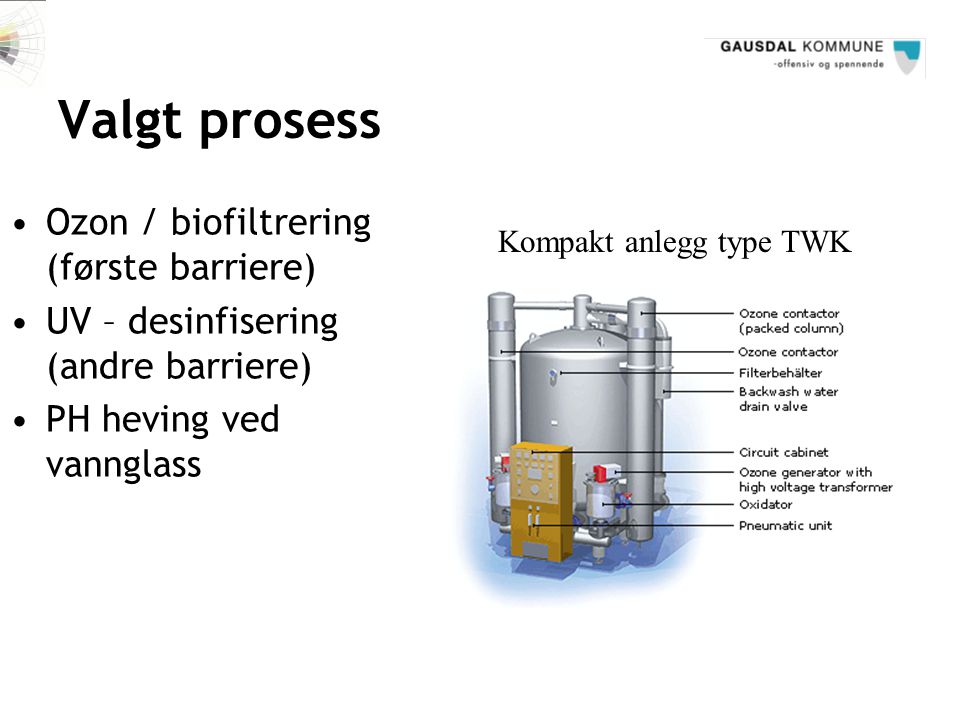 Valgt prosess Ozon / biofiltrering (første barriere)