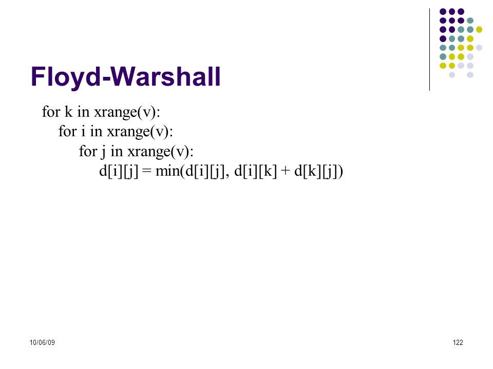 Floyd-Warshall for k in xrange(v): for i in xrange(v):