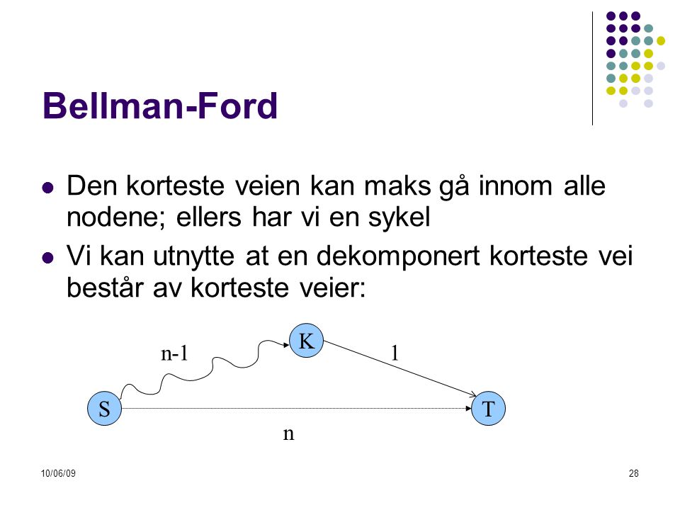 Bellman-Ford Den korteste veien kan maks gå innom alle nodene; ellers har vi en sykel.