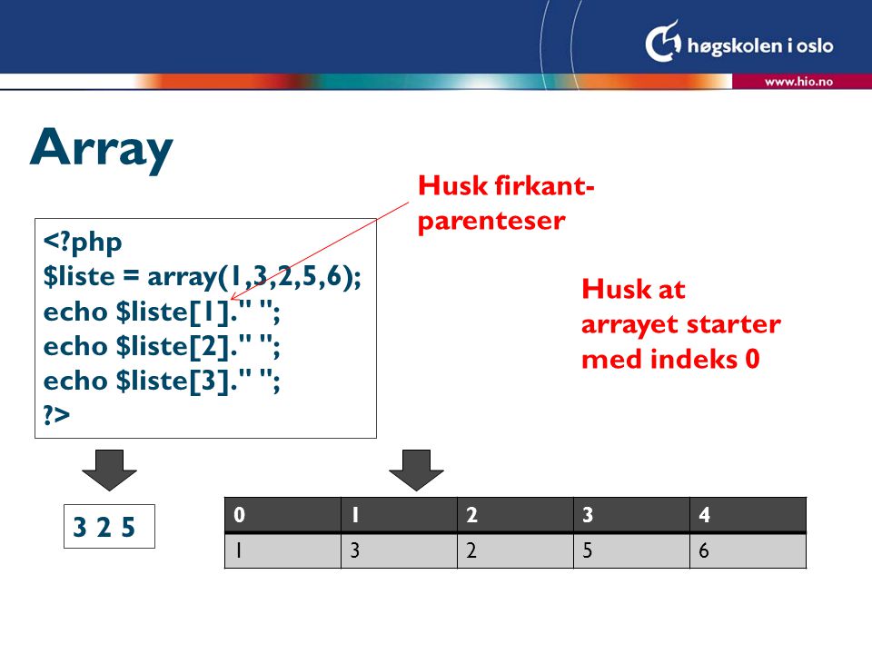 Array Husk firkant-parenteser < php $liste = array(1,3,2,5,6);