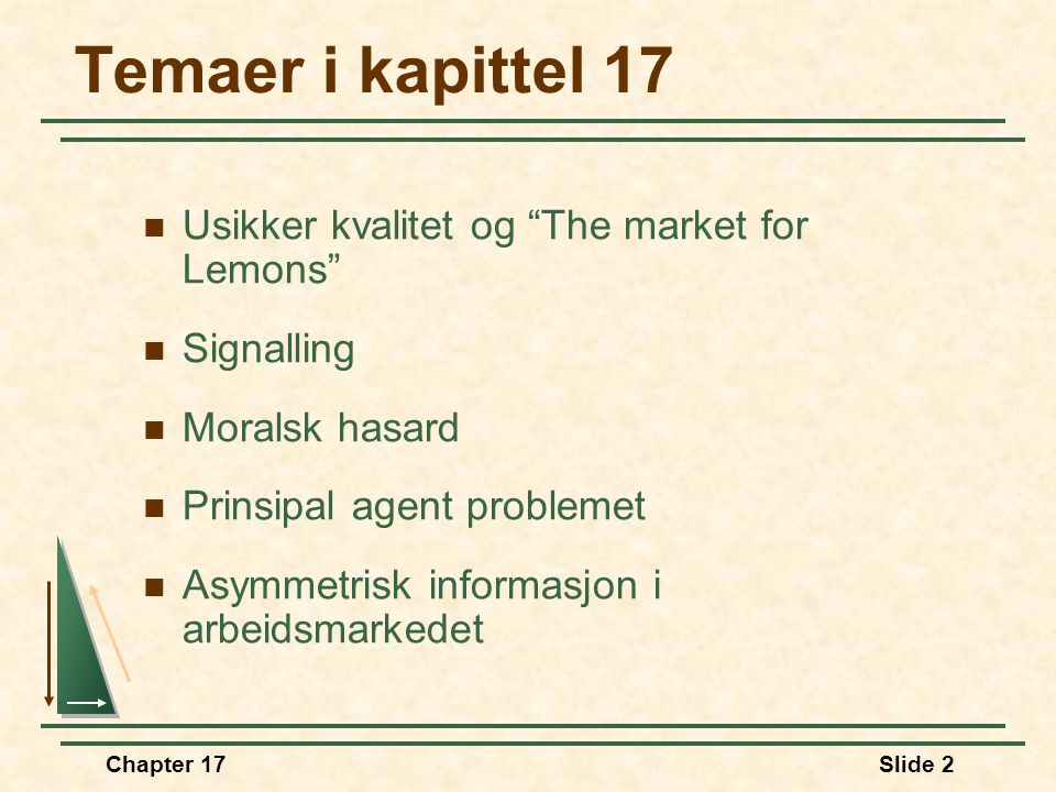 Temaer i kapittel 17 Usikker kvalitet og The market for Lemons