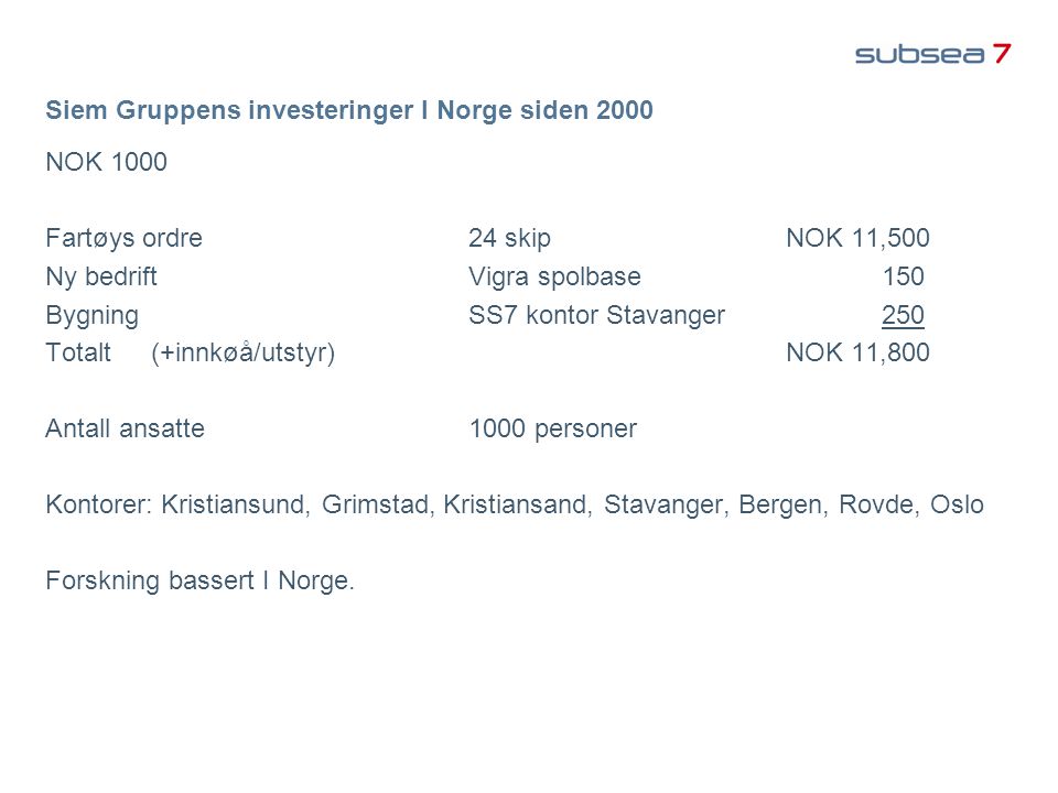 Siem Gruppens investeringer I Norge siden 2000
