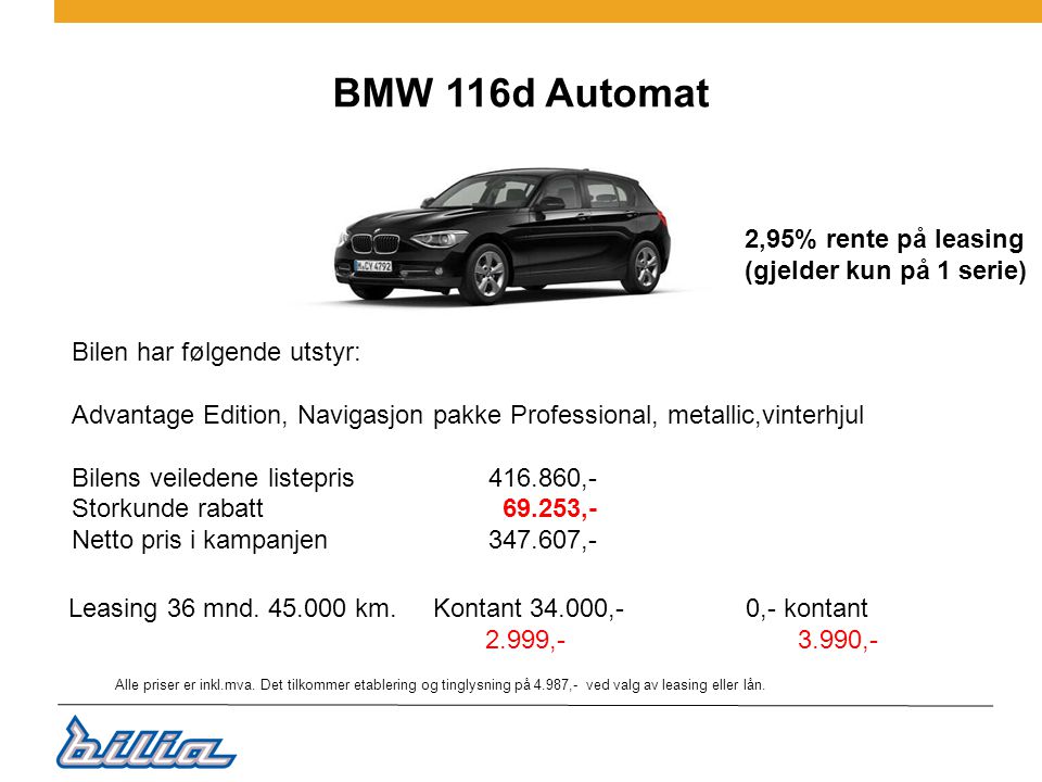BMW 116d Automat 2,95% rente på leasing (gjelder kun på 1 serie)