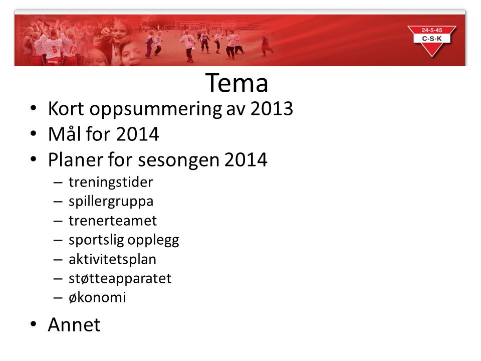 Tema Kort oppsummering av 2013 Mål for 2014 Planer for sesongen 2014