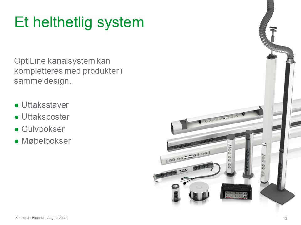 Et helthetlig system OptiLine kanalsystem kan kompletteres med produkter i samme design. Uttaksstaver.