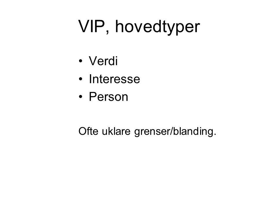 VIP, hovedtyper Verdi Interesse Person Ofte uklare grenser/blanding.