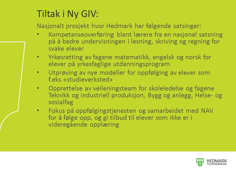 Tiltak i Ny GIV: Nasjonalt prosjekt hvor Hedmark har følgende satsinger: