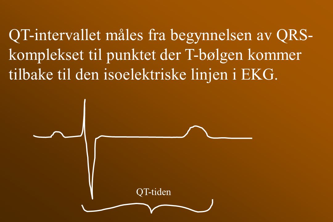 QT-intervallet måles fra begynnelsen av QRS-komplekset til punktet der T-bølgen kommer tilbake til den isoelektriske linjen i EKG.