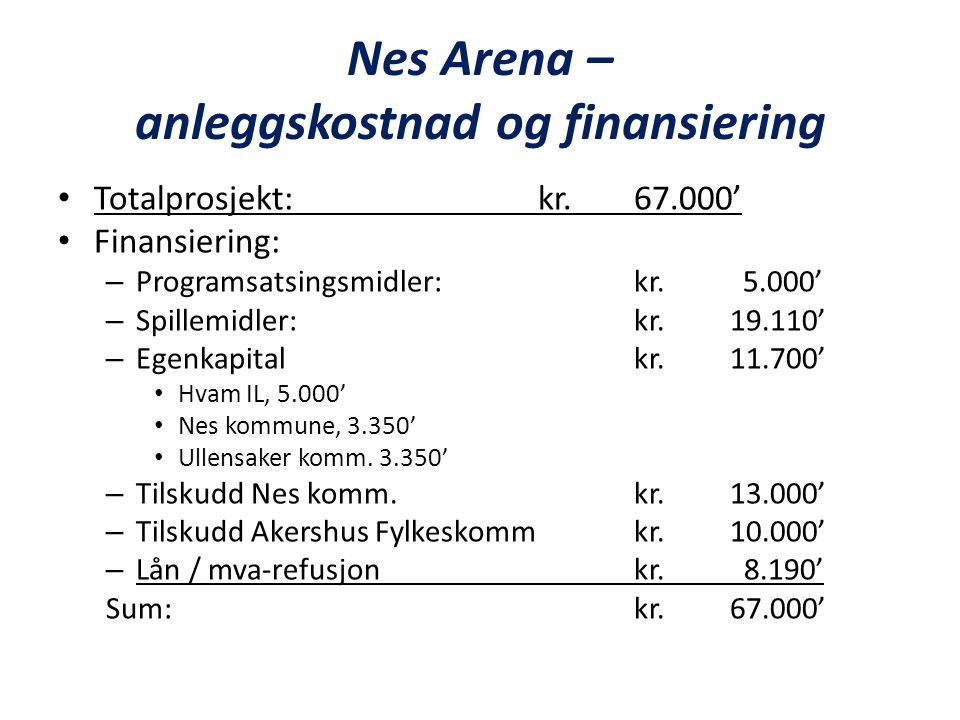 Nes Arena – anleggskostnad og finansiering